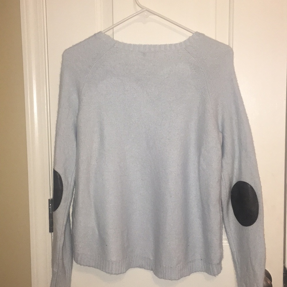 J. Crew Powder Blue Sweater w/ navy leather elbows